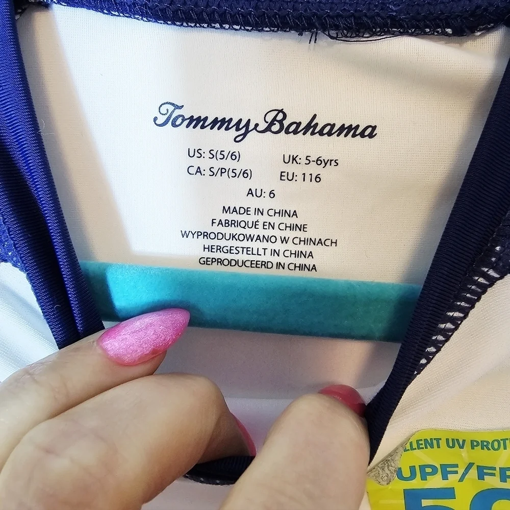 Tommy Bahama Kids Navy and White Swim Shirt Rash Guard Size 5/6 NWT